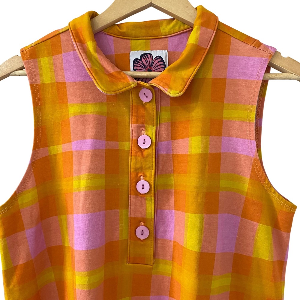 Lesley Evers Large Orange Pink Plaid Sleeveless Shift Dress Collared Retro - Picture 3 of 7